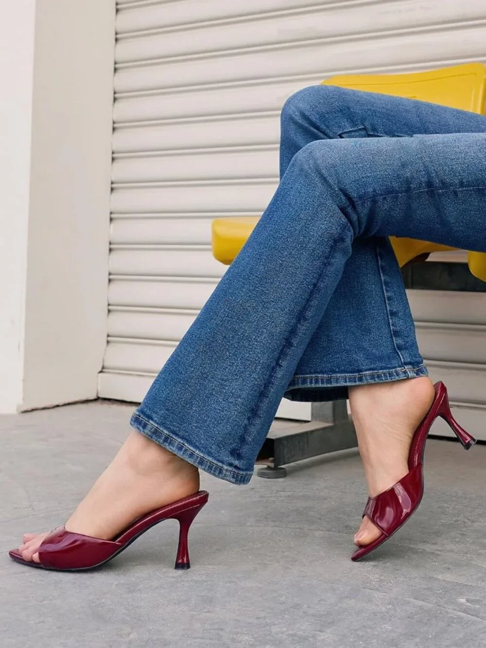 Women's Burgundy Patent Leather Comfortable Slip On Backless Pointed Toe Sandals
